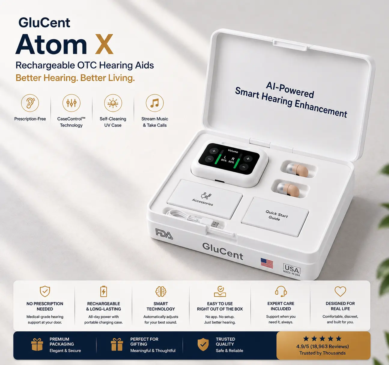 GluCent® Atom X Smart Hearing Aids — Hear Clearly, Feel Confident Again